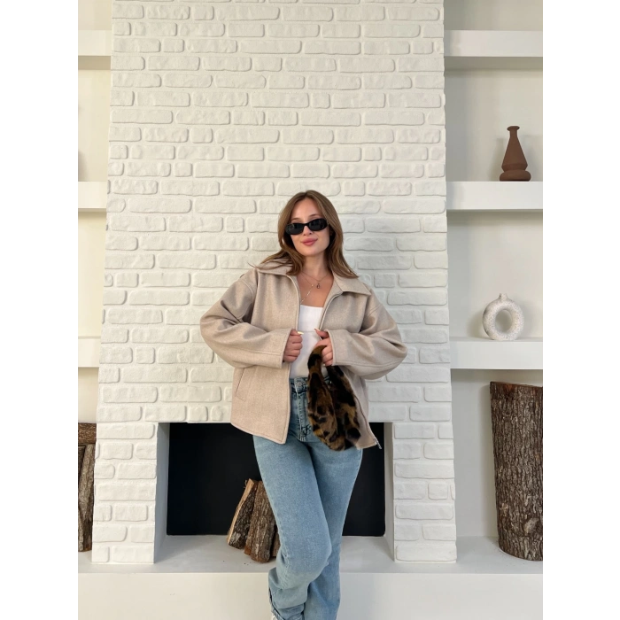 Fermuarlı Kaşe Kısa Ceket Krem