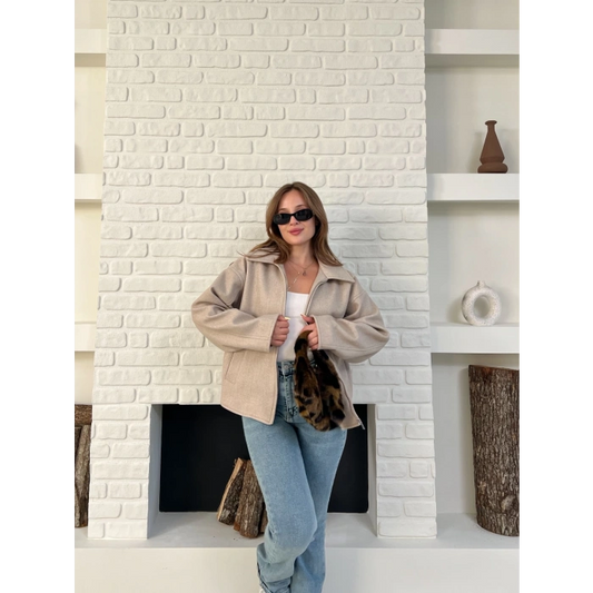 Fermuarlı Kaşe Kısa Ceket Krem
