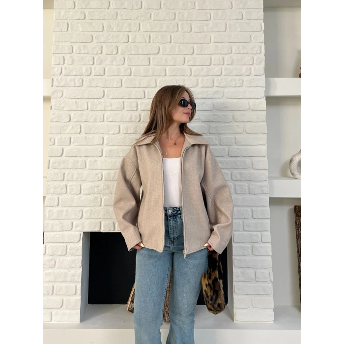 Fermuarlı Kaşe Kısa Ceket Krem