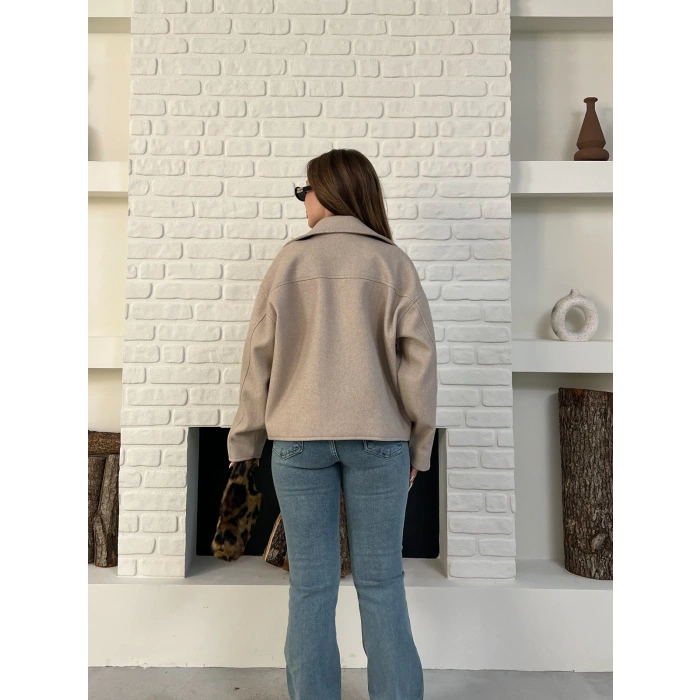 Fermuarlı Kaşe Kısa Ceket Krem