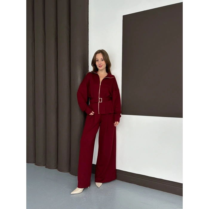 Fermuarlı Kemer Detaylı İkili Takım Bordo