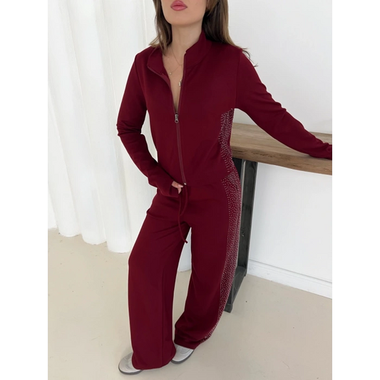 Fermuarlı Taş İşleme Detaylı Takım Bordo