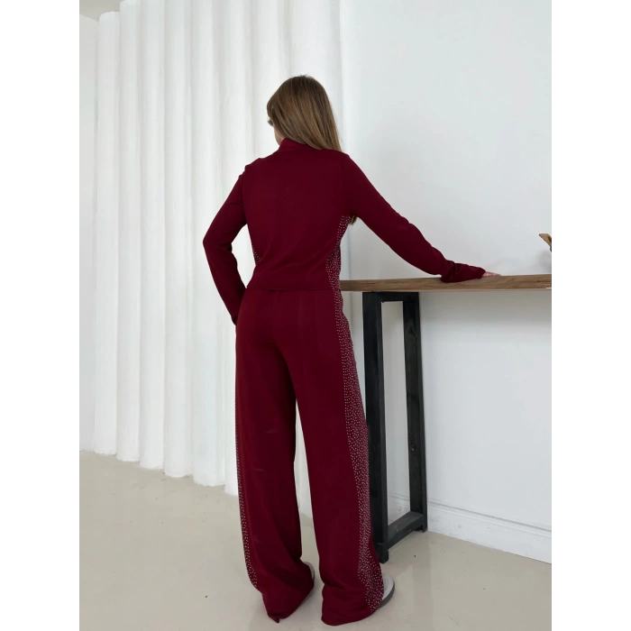 Fermuarlı Taş İşleme Detaylı Takım Bordo