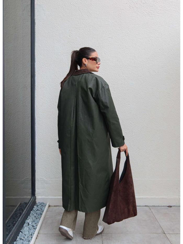 Kadife Yaka Çıtçıtlı Trench Koyu Haki