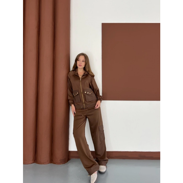Kapüşonlu Aksesuar Detaylı Eşofman Takım Kahverengi