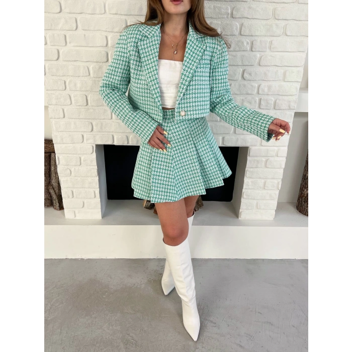 Kaz Ayağı Desen Pliseli Etek Crop Ceket Takım Mint