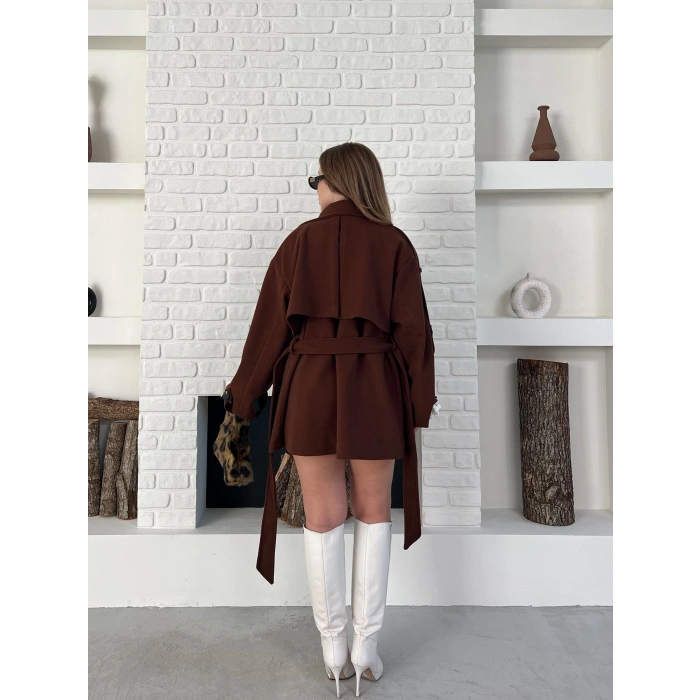 Kemer Detaylı Kısa Kaşe Kaban Kahve