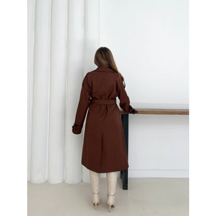 Kemer Detaylı Midiboy Trençkot Kahverengi