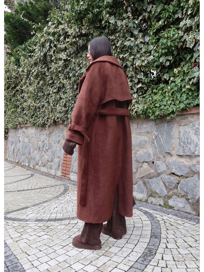 Kruvaze Kol Kemerli Kuşaklı Yün Kaban