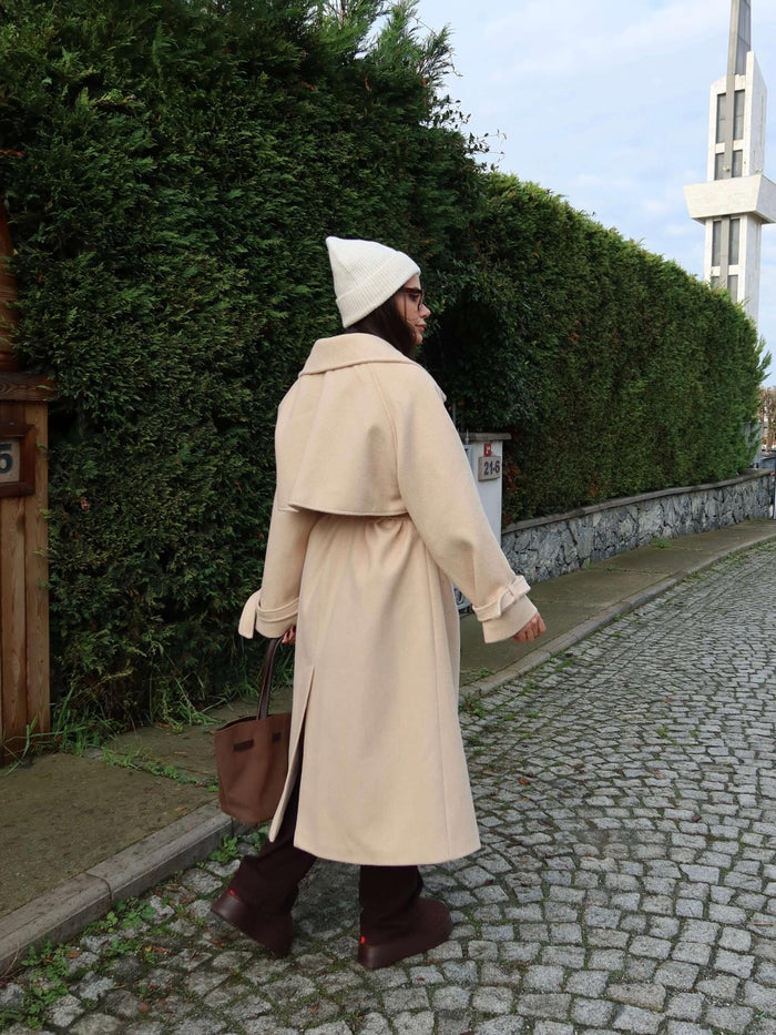 Kruvaze Kol Kemerli Kuşaklı Yün Kaban