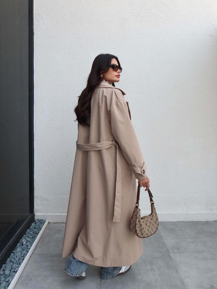 Kruvaze Yaka Kemerli Uzun Trench Bej