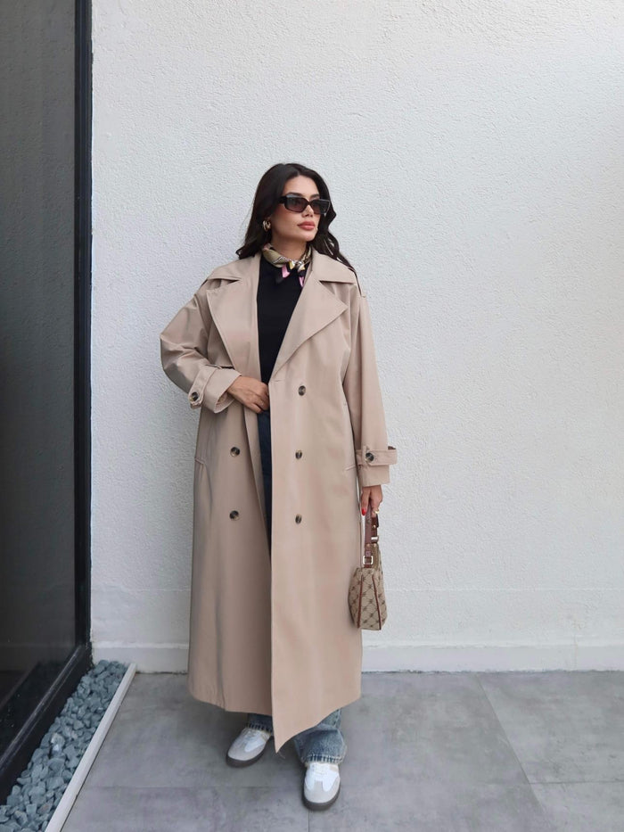 Kruvaze Yaka Kemerli Uzun Trench