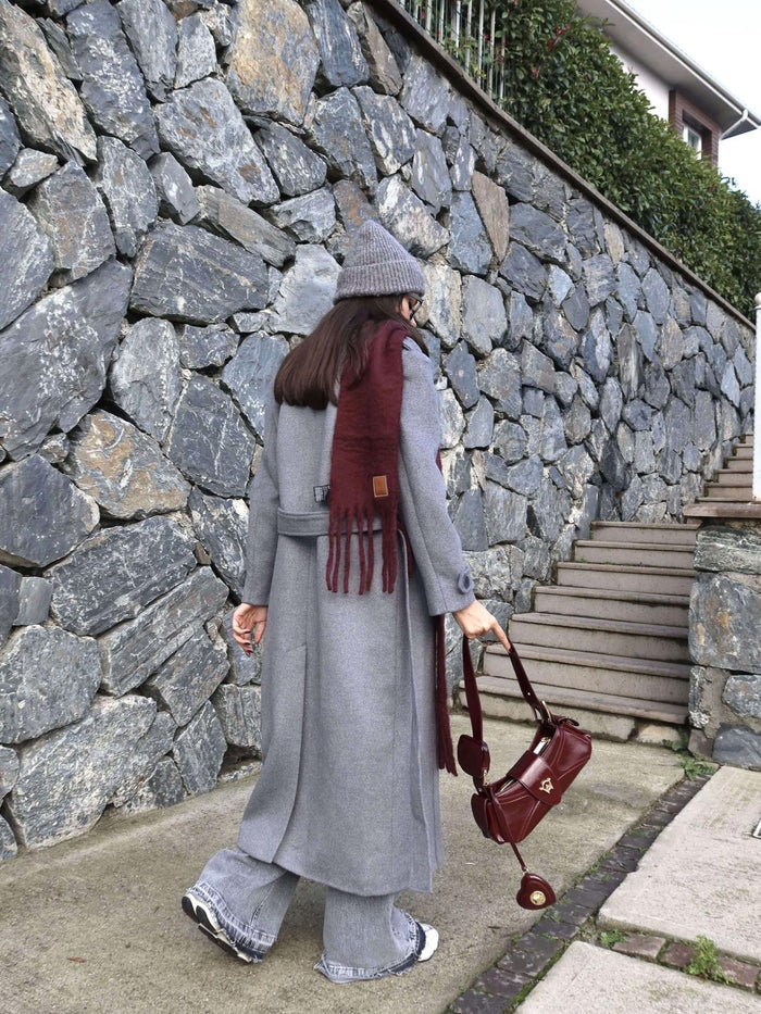 Kruvaze Yaka Parça Detay Apoletli Kuşaklı Kaban