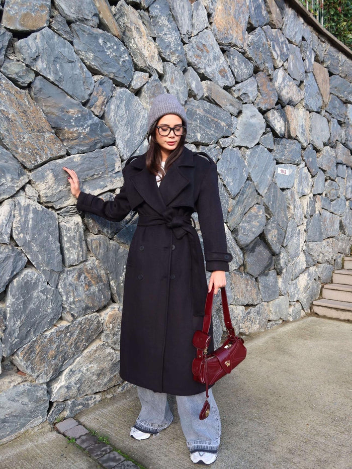 Kruvaze Yaka Parça Detay Apoletli Kuşaklı Kaban