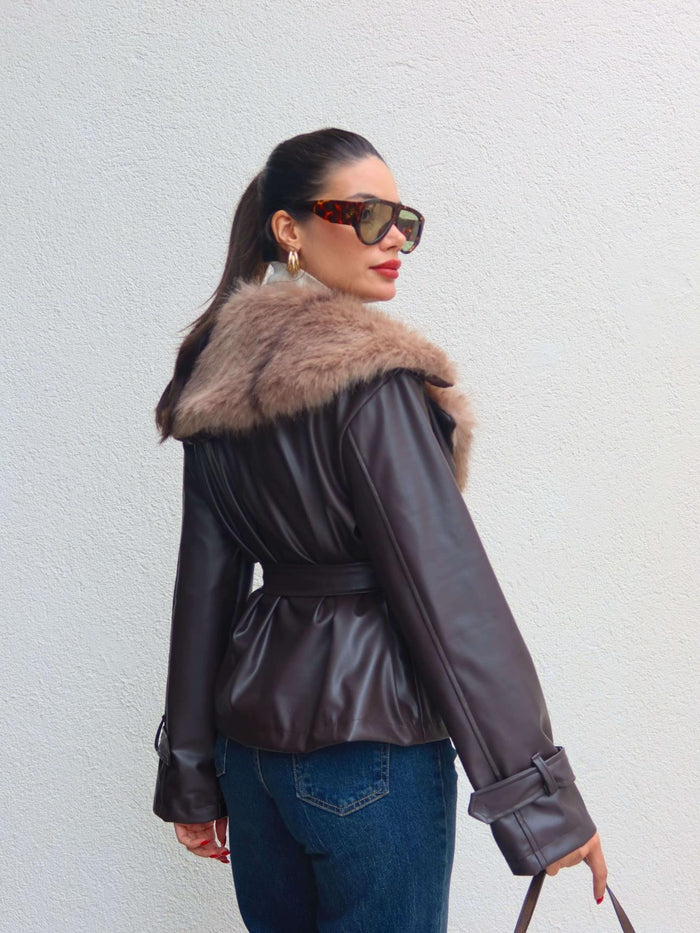 Kürk Yaka Kuşaklı Deri Ceket