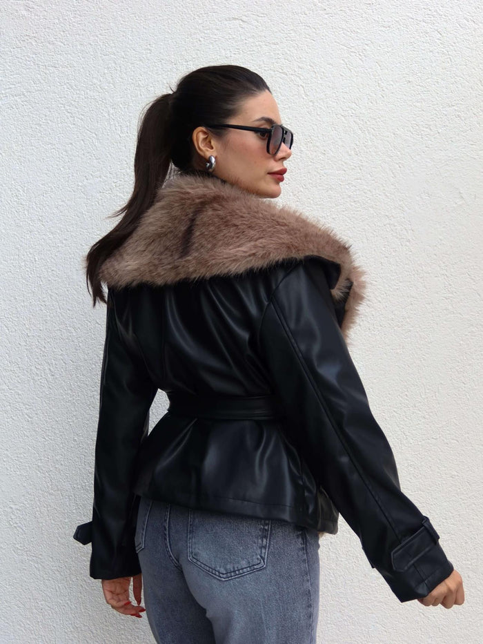 Kürk Yaka Kuşaklı Deri Ceket
