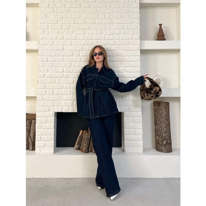 Kuşak Detaylı Denim Takım