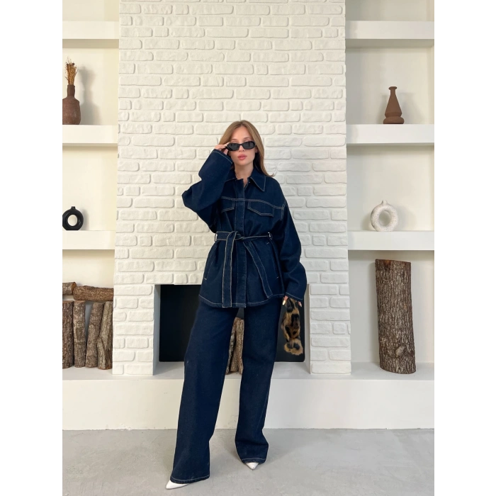 Kuşak Detaylı Denim Takım