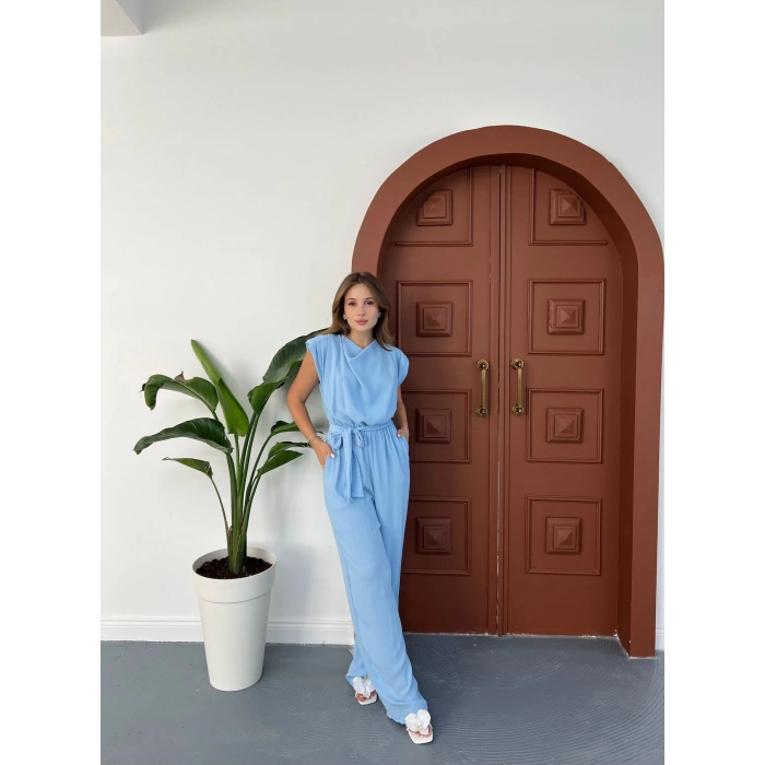Omuz Vatkalı Bel Kuşaklı Premium Tulum Mavi