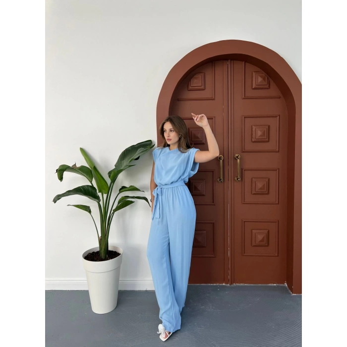 Omuz Vatkalı Bel Kuşaklı Premium Tulum Mavi