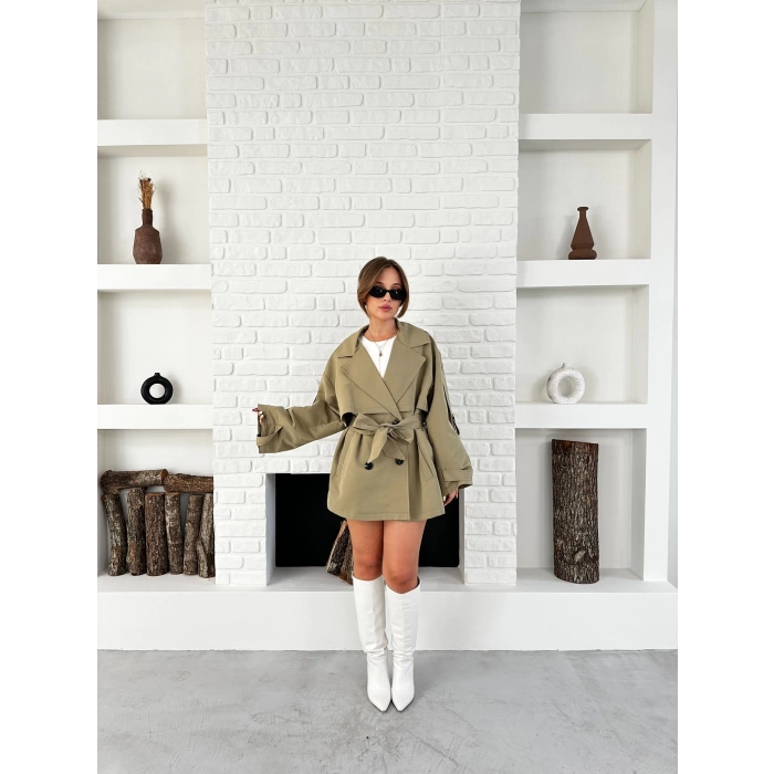 Parça Detaylı Oversize Trençkot Haki