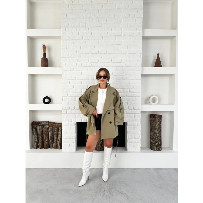 Parça Detaylı Oversize Trençkot Haki