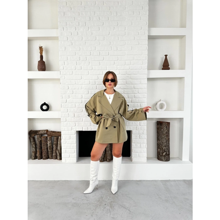 Parça Detaylı Oversize Trençkot Haki
