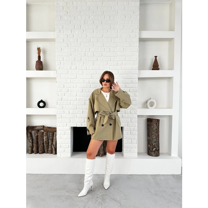 Parça Detaylı Oversize Trençkot Haki