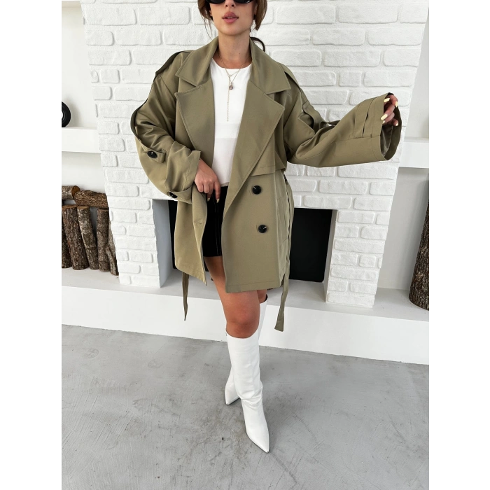 Parça Detaylı Oversize Trençkot Haki