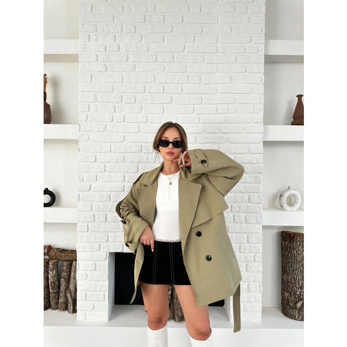Parça Detaylı Oversize Trençkot Haki