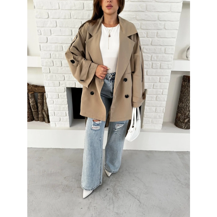 Parça Detaylı Oversize Trençkot Krem