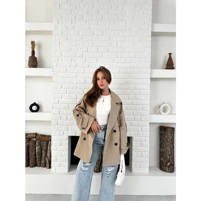 Parça Detaylı Oversize Trençkot Krem