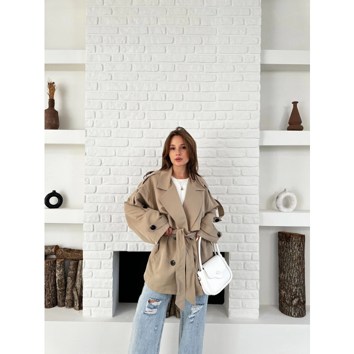 Parça Detaylı Oversize Trençkot Krem