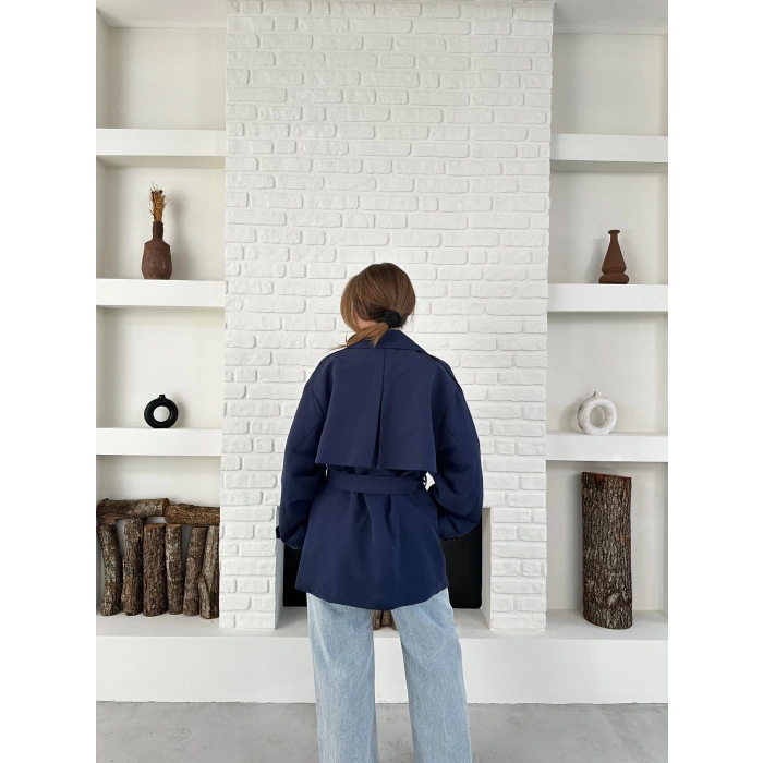 Parça Detaylı Oversize Trençkot Lacivert