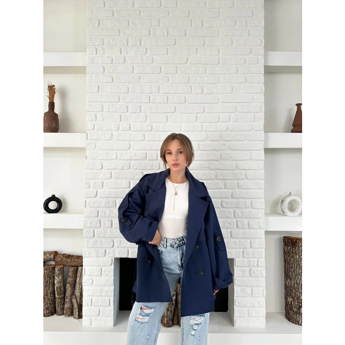 Parça Detaylı Oversize Trençkot Lacivert