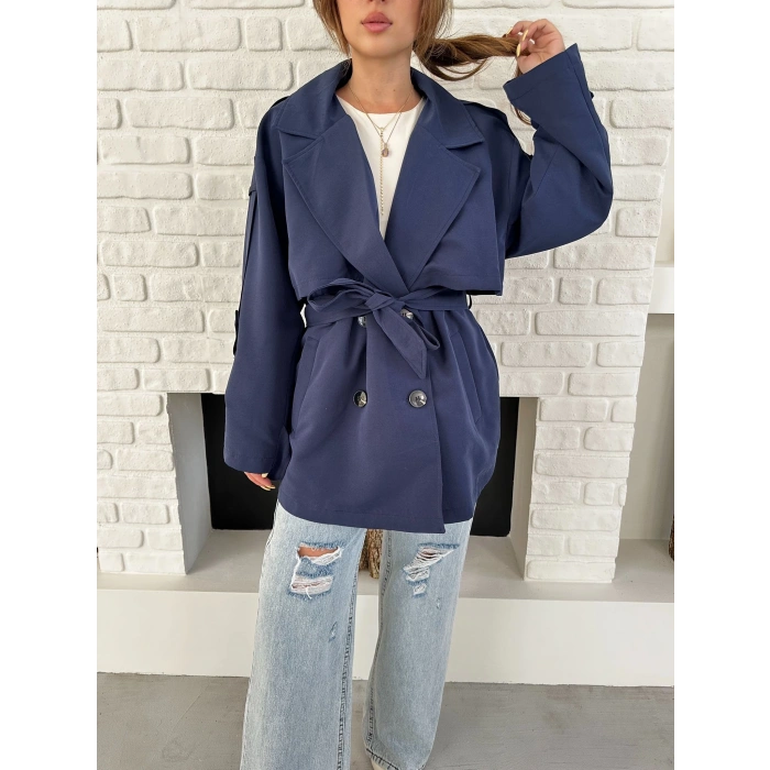 Parça Detaylı Oversize Trençkot Lacivert