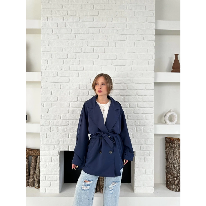 Parça Detaylı Oversize Trençkot Lacivert