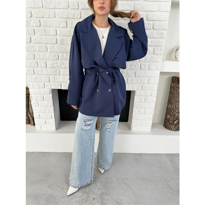 Parça Detaylı Oversize Trençkot Lacivert