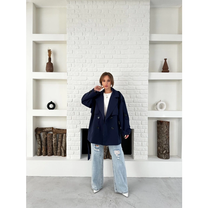 Parça Detaylı Oversize Trençkot Lacivert