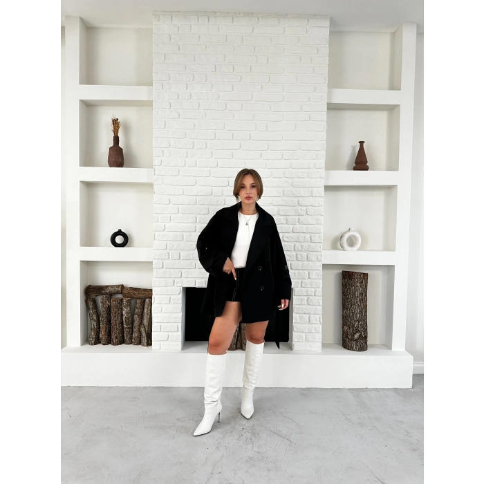 Parça Detaylı Oversize Trençkot Siyah