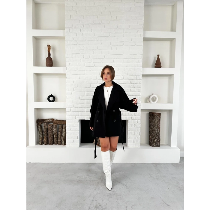 Parça Detaylı Oversize Trençkot Siyah