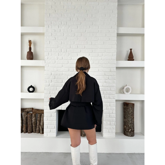 Parça Detaylı Oversize Trençkot Siyah