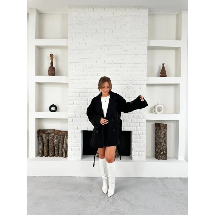 Parça Detaylı Oversize Trençkot Siyah