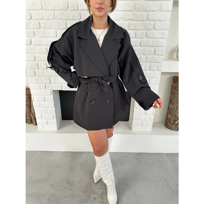 Parça Detaylı Oversize Trençkot Siyah