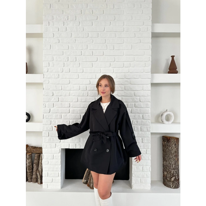 Parça Detaylı Oversize Trençkot Siyah