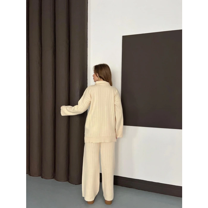 Polo Yaka Triko Pantolonlu Takım Ekru