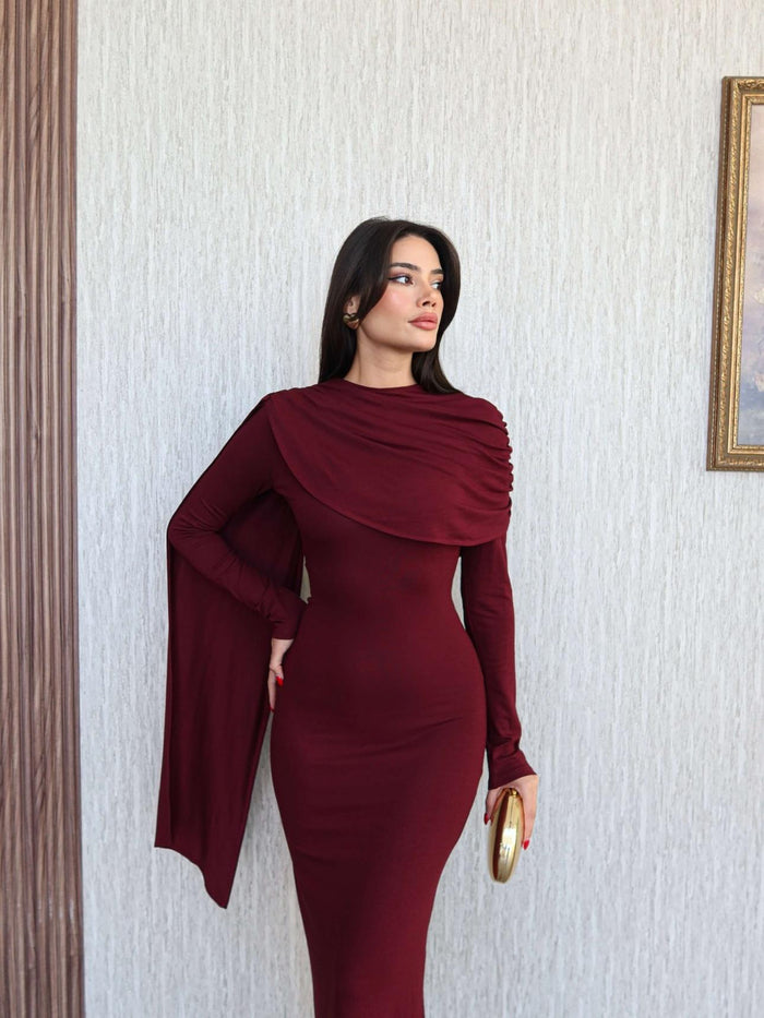 Şal Yaka Omuz Büzgülü Elbise