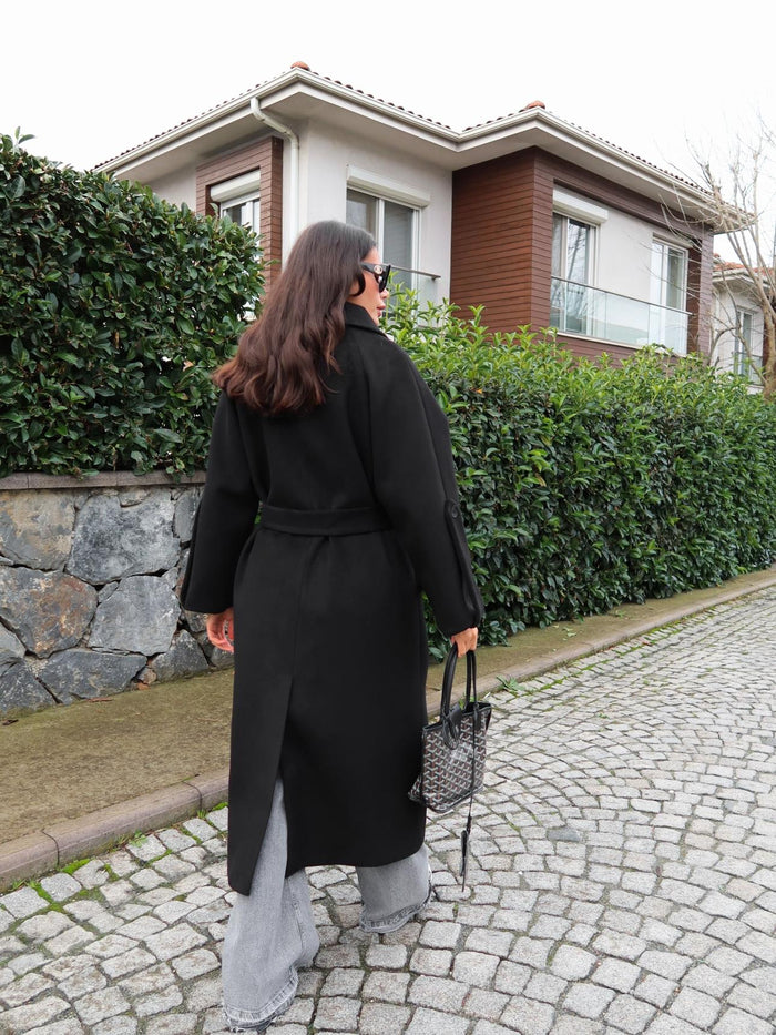 Siyah Yün Karışımlı Casual Kaşe Kaban