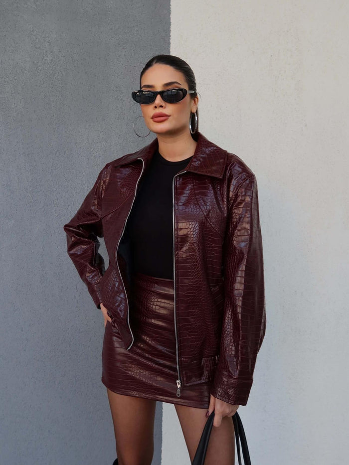 Snake Desen Fermuarlı Deri Ceket