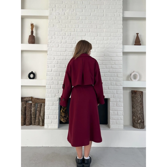 Uzun Boy Kuşak Detaylı Kaban Bordo